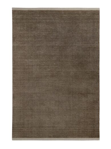 Chocolate textured area rug with a fine woven pattern and light neutral border, rectangular shape, minimalist design for home decor.