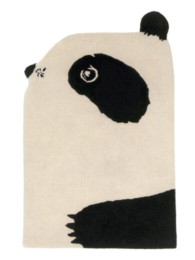 Panda shaped kids rug in black and Ivory colors, made with eco-friendly natural dyes, soft plush rug for nursery, kids room, and playroom decor.