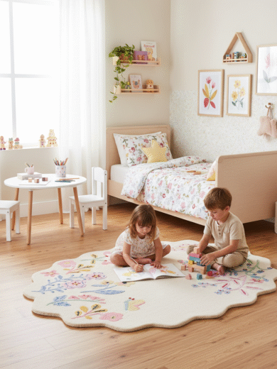Scalloped kids rug with floral garden design, butterflies, and pastel colors, made with eco-friendly natural dyes, soft plush rug for nursery decor.