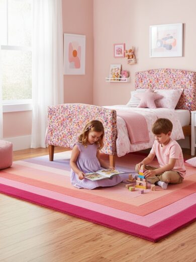 Rainbow pastel kids rug with layered corner stripe design in pink, peach, lavender, and cream tones, soft plush rug for nursery and playroom decor.