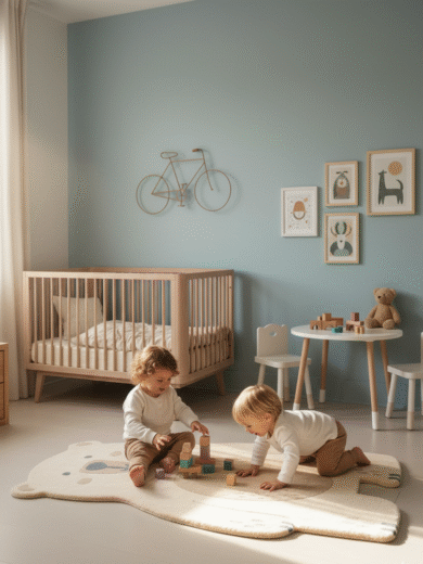 Hand-tufted bear shaped kids rug made from natural wool with eco-friendly dyes in a minimalist nursery setting.