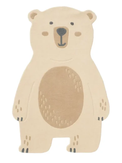 Hand-tufted bear shaped kids rug made from natural wool with eco-friendly dyes in a minimalist nursery setting.