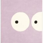 Kids rug with cute eyes design in warm purple tone, made with eco-friendly natural dyes, soft plush rug for nursery, kids room, and playroom decor.