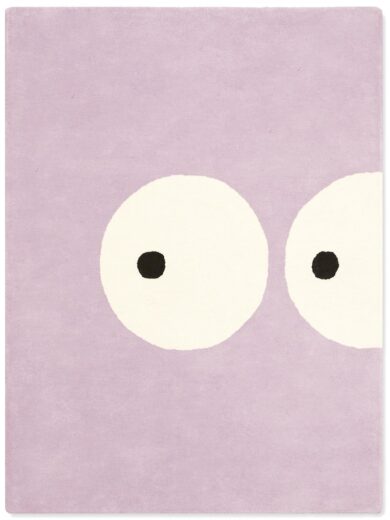 Kids rug with cute eyes design in warm purple tone, made with eco-friendly natural dyes, soft plush rug for nursery, kids room, and playroom decor.