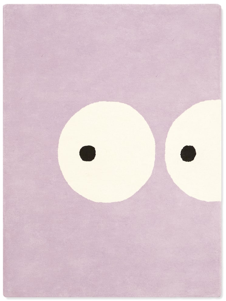 Kids rug with cute eyes design in warm purple tone, made with eco-friendly natural dyes, soft plush rug for nursery, kids room, and playroom decor.
