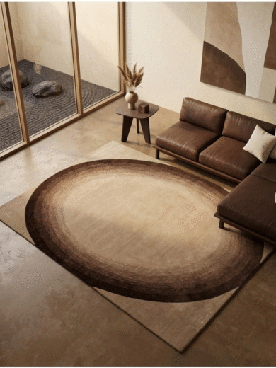 Handcrafted brown gradient modern wool rug by Rugshome with organic oval design placed in a minimalist living space