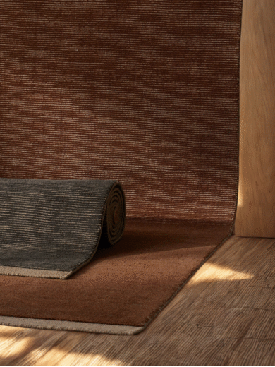 Brown textured area rug with beige border, neutral modern woven carpet for living room, bedroom, or minimalist interior decor