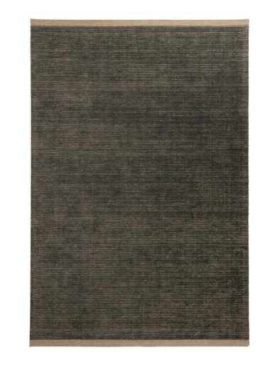 Charcoal textured area rug with a fine woven pattern and light neutral border, rectangular shape, minimalist design for home decor.