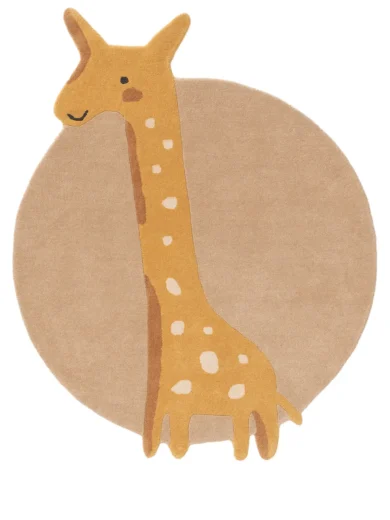 Giraffe kids rug in round shape with soft earthy tones, made with eco-friendly natural dyes, plush rug for nursery, kids room, and safari theme decor.