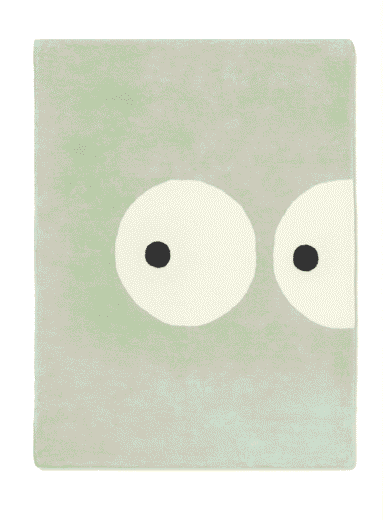 Kids rug with cute eyes design in warm green tone, made with eco-friendly natural dyes, soft plush rug for nursery, kids room, and playroom decor.