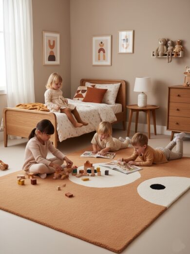 Kids rug with cute eyes design in warm orange tone, made with eco-friendly natural dyes, soft plush rug for nursery, kids room, and playroom decor.