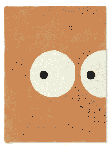 Kids rug with cute eyes design in warm orange tone, made with eco-friendly natural dyes, soft plush rug for nursery, kids room, and playroom decor.