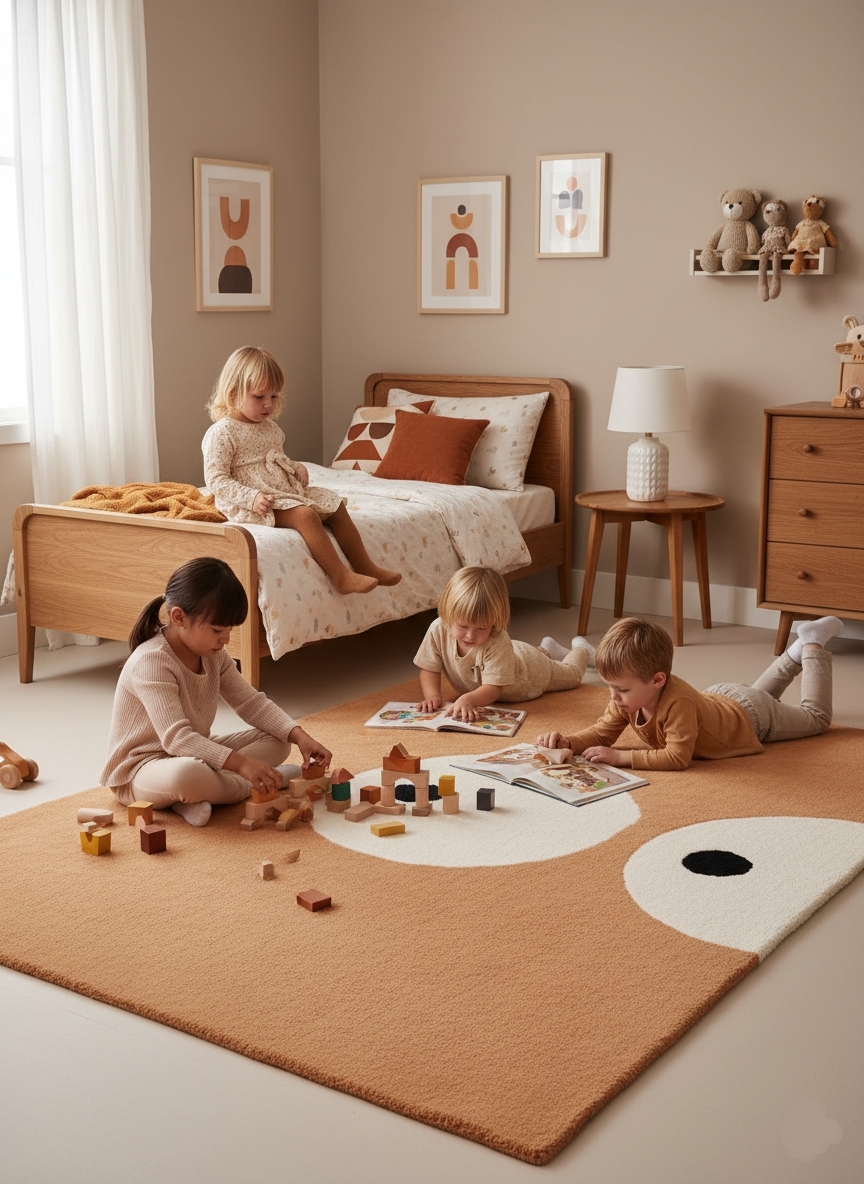 Kids rug with cute eyes design in warm orange tone, made with eco-friendly natural dyes, soft plush rug for nursery, kids room, and playroom decor.